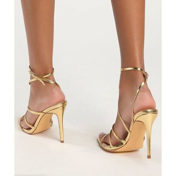 NEW Lulus SZ 9 Gold Sanga Strappy Square Toe Stiletto High Heels Tie Up Metallic - Picture 11 of 11